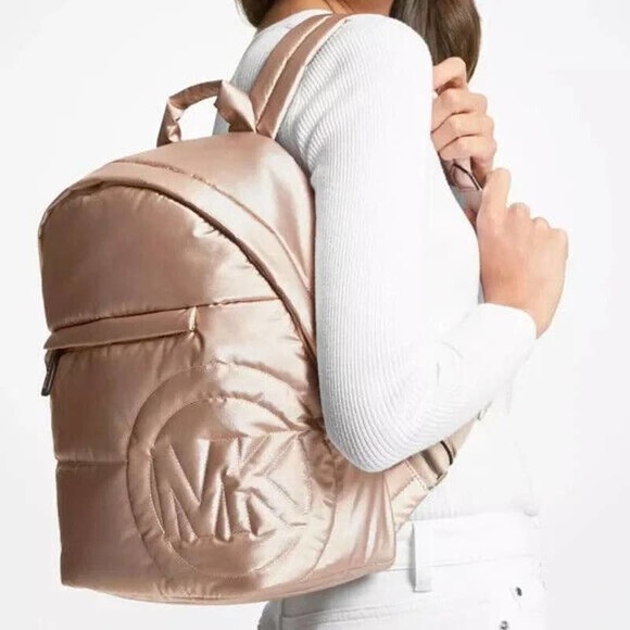 Michael Kors Rae Medium Quilted Metallic Nylon Backpack Rose Gold $368 Nwt - Picture 1 of 5